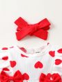 SHEIN Baby Girl Heart Print Bow Front Ruffle Trim Dress & Headband
