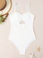 SHEIN Swim Mod Solid Color Pleated Hollow Out One Piece Swimsuit With Spaghetti Straps