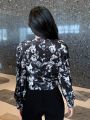 DAZY Women's Floral Print Wrap Belt Blouse