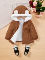 SHEIN Baby Girls' Casual Corduroy Plus Velvet Long Hooded Coat With 3d Ears Design