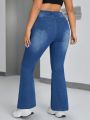 SHEIN ICON Plus Size Women'S Flared Jeans With Whiskers And Cat Whisker Details