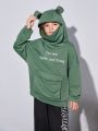 SHEIN Kids EVRYDAY Tween Boy Slogan Graphic 3D Ears Design Hoodie