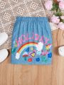 SHEIN Kids QTFun Tween Girls Knitted Rainbow Letter Pattern Imitation Denim Print Skirt