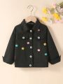 Young Girls' Floral Embroidery Long Sleeve Denim Jacket