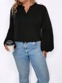 SHEIN LUNE Plus Size Solid Color Notched Neck Lantern Sleeve Shirt