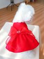 1pc Pet Clothes With Rhinestone Bow Knot Dress For Dogs And Cats, Autumn And Winter New Year Apparel