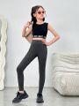 SHEIN Kids SUNSHNE Teen Girls' Knitted High Waist Casual Leggings