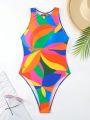 SHEIN Swim Basics Women's Geometric Print Crew Neck One-Piece Swimsuit