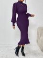 SHEIN Privé Turtleneck Lantern Sleeve Ruffle Hem Sweater Dress