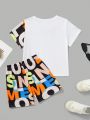 SHEIN Kids EVRYDAY Toddler Boys' Casual Short Sleeve T-Shirt And Shorts Outfit