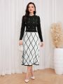 SHEIN Modely Geo Pattern Pearls and Rhinestone Beaded Sweater Dress