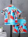 SHEIN Kids SUNSHNE Toddler Boys' Casual Palm Tree Printed Short Sleeve Shirt And Shorts Set For Holiday Summer