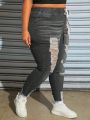 SHEIN CURVE+ Plus Size Women's Drawstring Waist Ripped Skinny Jeans