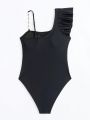 SHEIN Swim Chicsea Women's Solid Color Asymmetrical Neckline One-piece Swimsuit