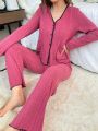 Women's Ribbed Long Sleeve Top And Pants Home Clothing Set