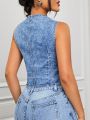 SHEIN ICON Ladies' Single-Breasted Sleeveless Denim Shirt