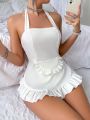 Women's Sexy Halter Neck Lingerie Set With Ruffle Trim