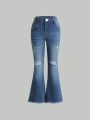 Young Girl Ripped Raw Hem Flare Leg Jeans