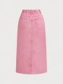 SHEIN Teen Girl Casual And Fashionable Sweetheart Pink Denim Skirt With Front Mid Button, Summer