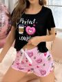 Women'S Cartoon Letter & Heart Print Pajama Set