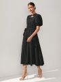 Oxana Women's Black Midi Dress With Puffy Sleeves, Ruffle Skirt Elasticated Waist And Bows