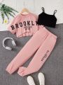 SHEIN Kids EVRYDAY 3pcs/Set Tween Girl Knitted Loose Short-Sleeve T-Shirt With Letter Printing, Knitted Solid Color Camisole, And Loose Pants