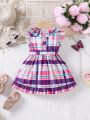 Baby Girls' Colorful Grid Pattern Double Layered Collar Puff Sleeve Sweet Princess Dress For Summer