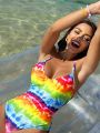 SHEIN Swim Vcay Ladies' Rainbow Color One-piece Swimwear