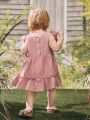 SHEIN Baby Girl Cute Ruffle Hem Embroidered Dress With Crinkled Fabric
