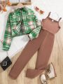 SHEIN Kids EVRYDAY Girls' Plaid Jacket & Jumpsuit Set For Spring