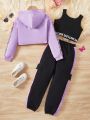 Teen Girls' Letter & Webbing Hooded Sweatshirt And Vest Set