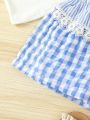 SHEIN Kids SUNSHNE Young Girls' Plaid Patchwork Striped Embellished Lace Hem Shorts, Spring And Summer