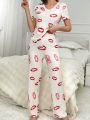 Lip Print V-Neck Pajama Set