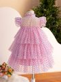 SHEIN Kids Cooltwn Little Girls' Fashionable Elegant Mesh Short Flying Sleeve Dress