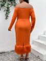 Plus Size Solid Color Off Shoulder Twist Knitted Hem Furry Dress