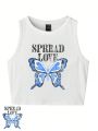 Carola Prints Women'S Butterfly & Letter Print Crop Top With Round Neckline, Slim Fit