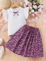 SHEIN Kids EVRYDAY Big Girl'S Small Flying Sleeve Shirt And Floral Skirt