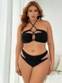 SHEIN Swim SXY Plus Size Hollow Out Halter Top And Pearl Decor Triangle Briefs Bikini Swimwear Set