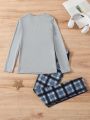 New Style Letter Print And Plaid Simple And Versatile Pajama Set For Older Boys