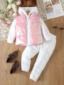 SHEIN Kids QTFun Young Girl Cute White Fleece Hoodie And Pants With Pink Quilted Vest Padded Coat 3pcs/Set For Autumn And Winter