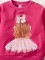 1pc Sweet Style Mesh Fabric 3d Decorated Sweatshirt For Toddler Girls' Autumn And Winter