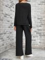 SHEIN LUNE Solid Color Drop Shoulder Knit Top & Pants Set