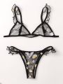 Floral Pattern Mesh Lingerie Set