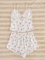 Floral Print Contrast Lace Knot Front Cami Top & Shorts PJ Set