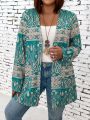 Plus Size Full Pattern Print Long Sleeve Open Front Coat