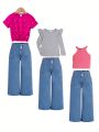 SHEIN Young Girls' New Arrival Sunflower Lace Elastic Waist Comfortable Soft Washed Loose Fit Casual Fashion Jeans