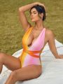 SHEIN Swim Vcay Deep V-Neck Color Block Ombre Monokini With Open Back