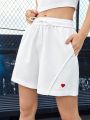 Street Sport Heart Embroidery Patchwork Slanted Pocket Athletic Shorts