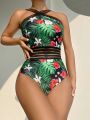 SHEIN Swim Vcay Tropical Print Mesh Splicing Vacation Style One-Piece Swimsuit