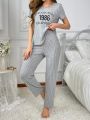 Casual Letter Print Round Neck Ribbed Short Sleeve Pants Pajama Set